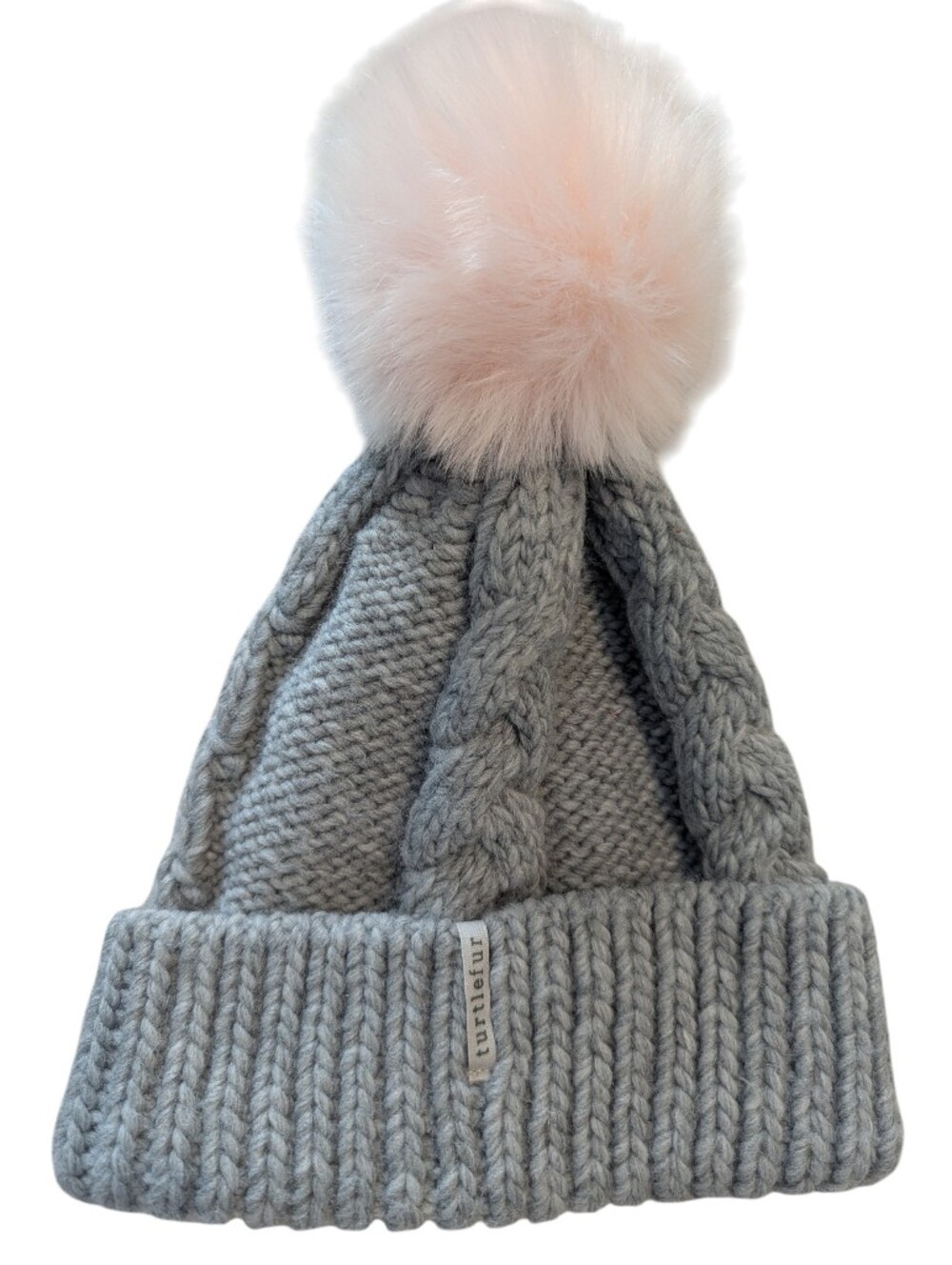 TURTLE FUR Cozy Knit Pom Beanie - Light Gray with Pink Pom